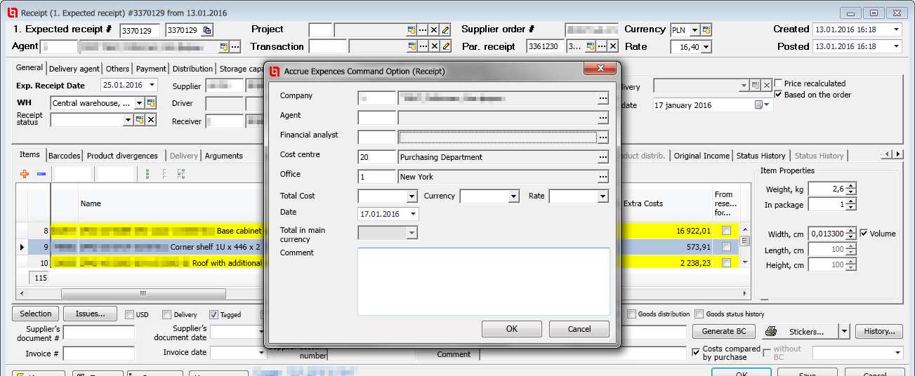 Parameters of command