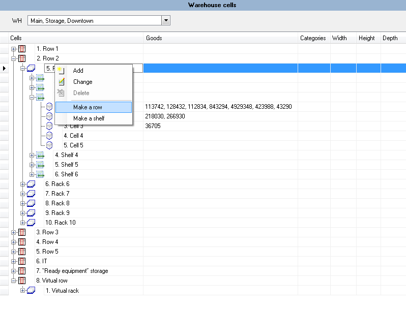 Settings of Warehouse cells